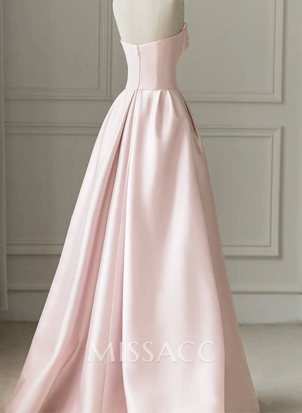 A-Line Strapless Sleeveless Floor-Length Satin Prom Dresses