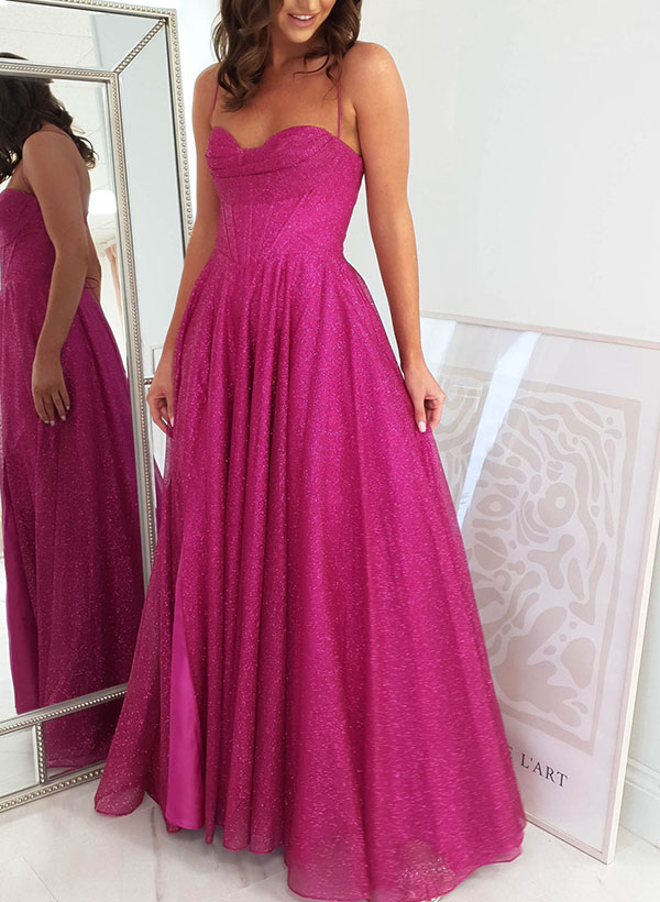 A-Line Sweetheart Sleeveless Sequined Prom Dresses With Split Front