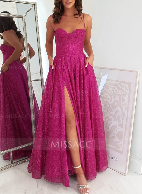 A-Line Sweetheart Sleeveless Sequined Prom Dresses With Split Front