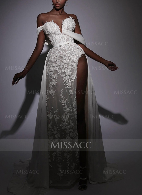 Sheath/Column Off-The-Shoulder Lace Wedding Dresses With Split Front