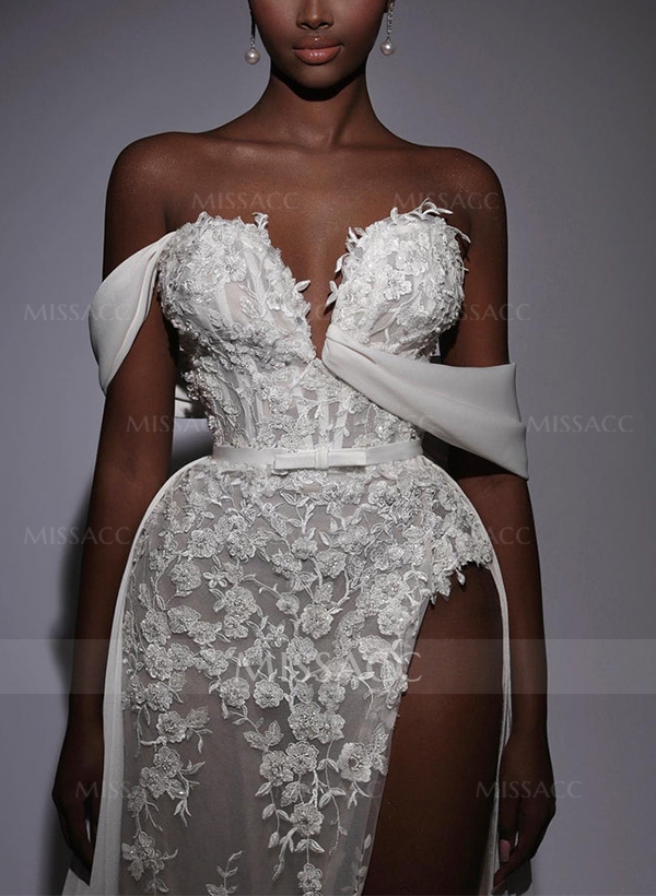 Sheath/Column Off-The-Shoulder Lace Wedding Dresses With Split Front