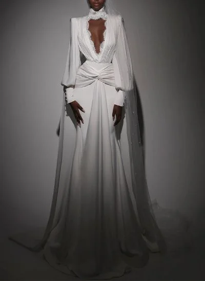 A-Line Halter Long Sleeves Sweep Train Wedding Dresses With Lace