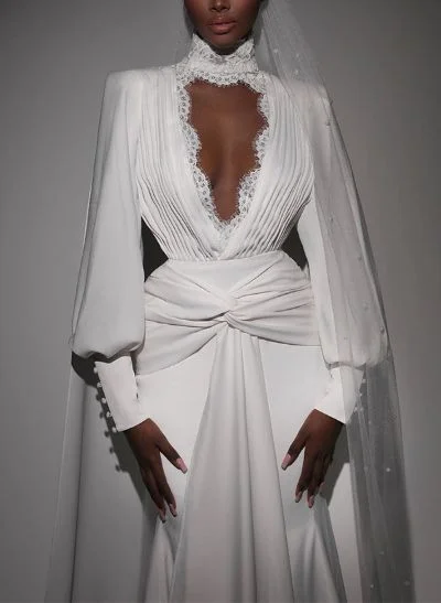 A-Line Halter Long Sleeves Sweep Train Wedding Dresses With Lace