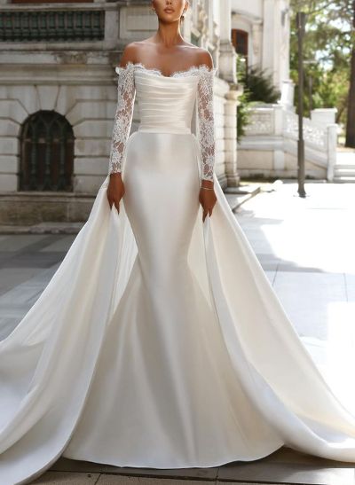 Trumpet/Mermaid Strapless Long Sleeves Satin Wedding Dresses With Lace