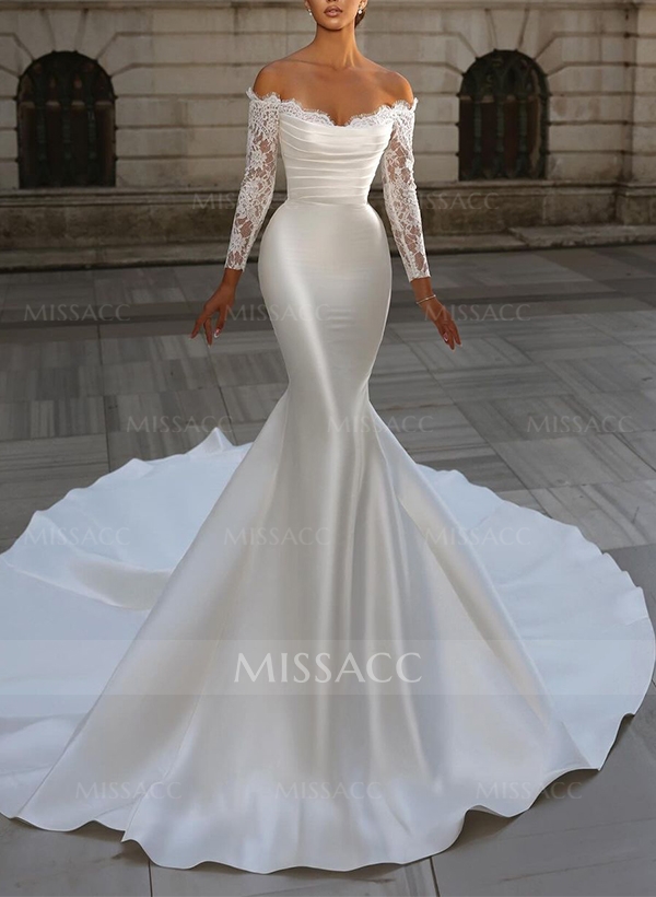 Trumpet/Mermaid Strapless Long Sleeves Satin Wedding Dresses With Lace