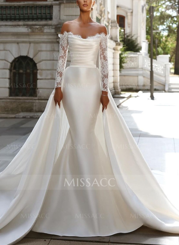 Trumpet/Mermaid Strapless Long Sleeves Satin Wedding Dresses With Lace