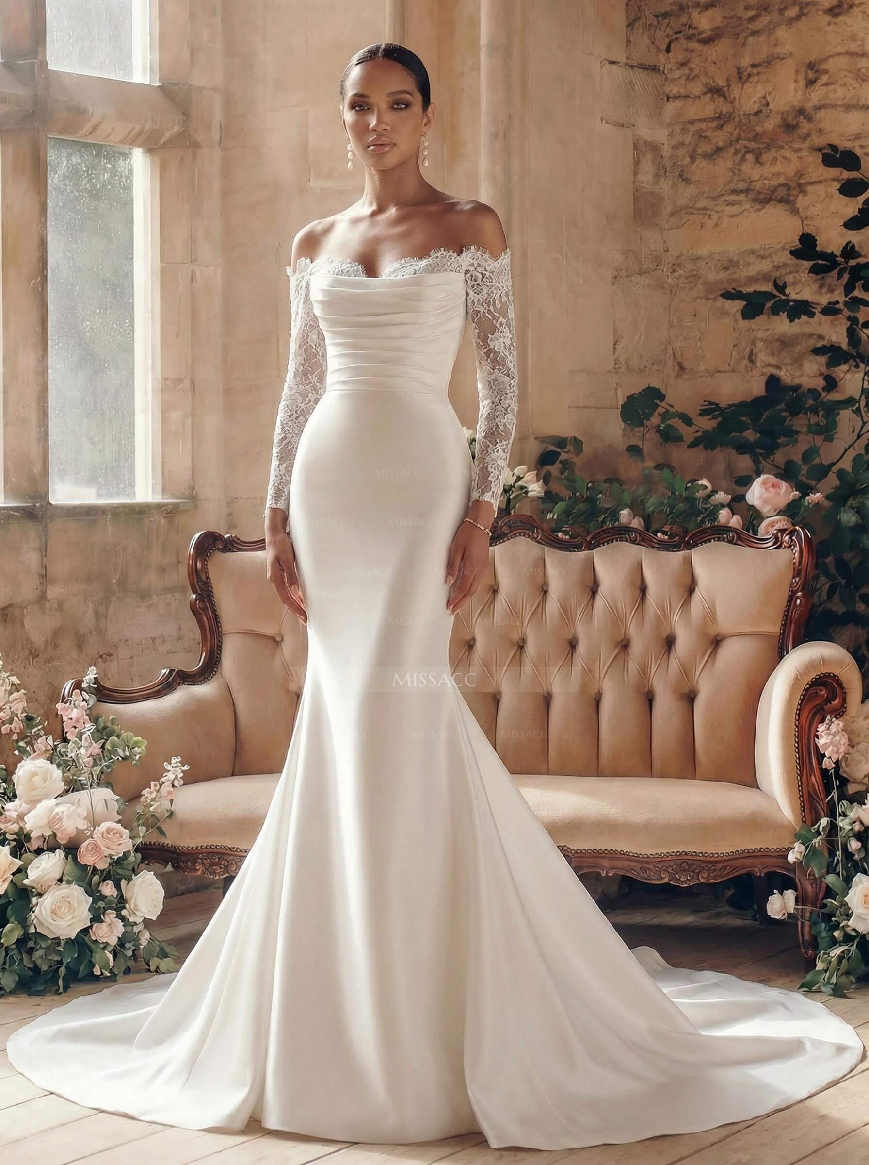Trumpet/Mermaid Strapless Long Sleeves Satin Wedding Dresses With Lace