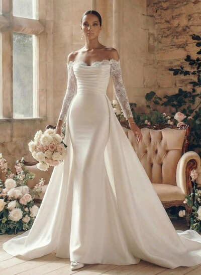 Trumpet/Mermaid Strapless Long Sleeves Satin Wedding Dresses With Lace