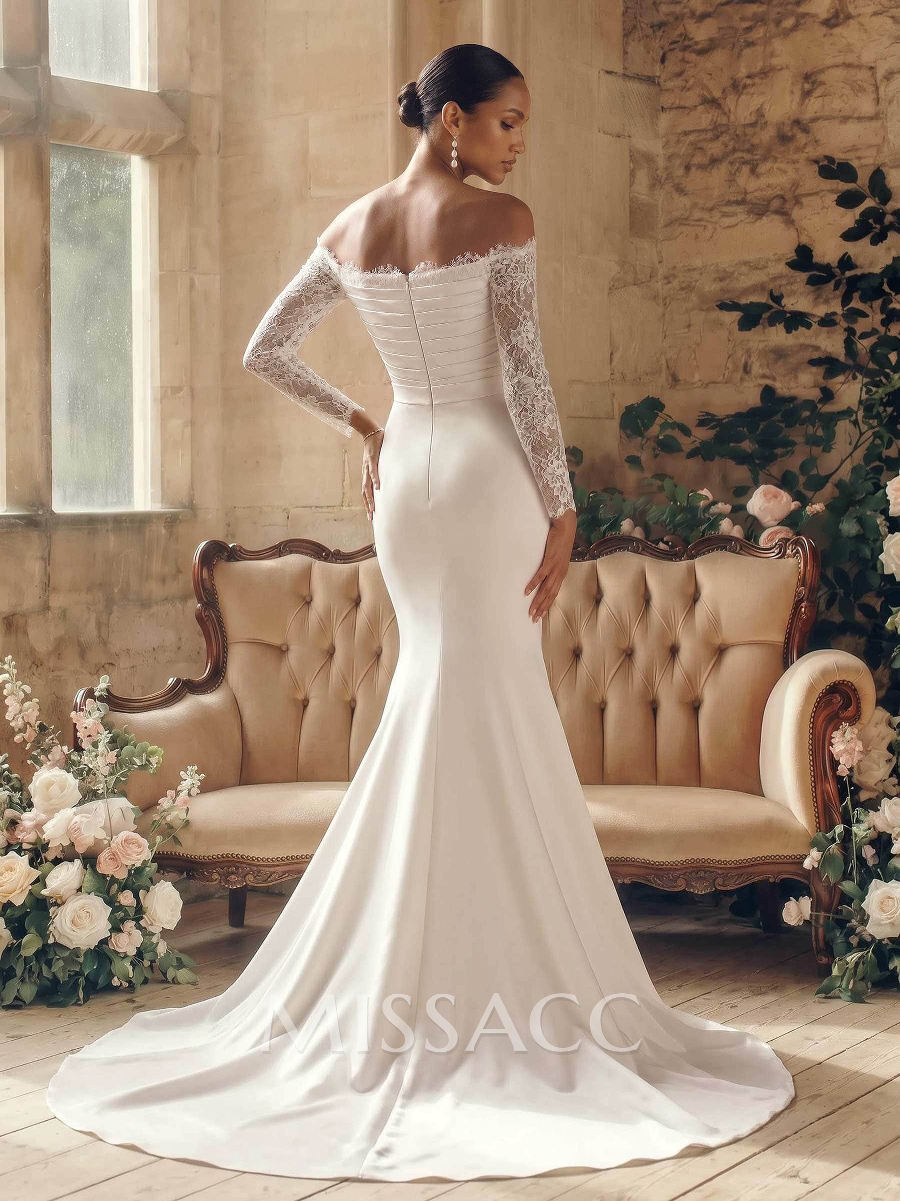 Trumpet/Mermaid Strapless Long Sleeves Satin Wedding Dresses With Lace