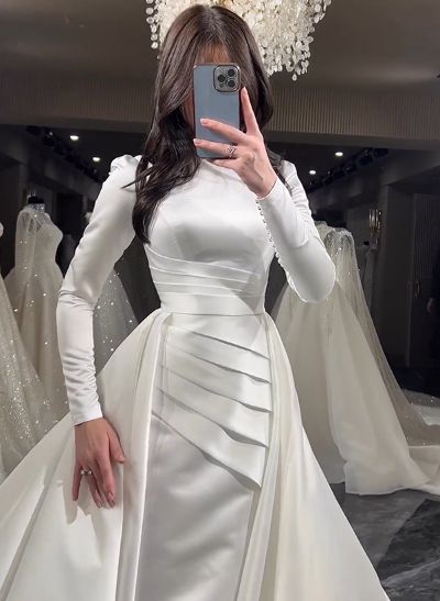 Long Sleeves Sweep Train Satin Wedding Dresses