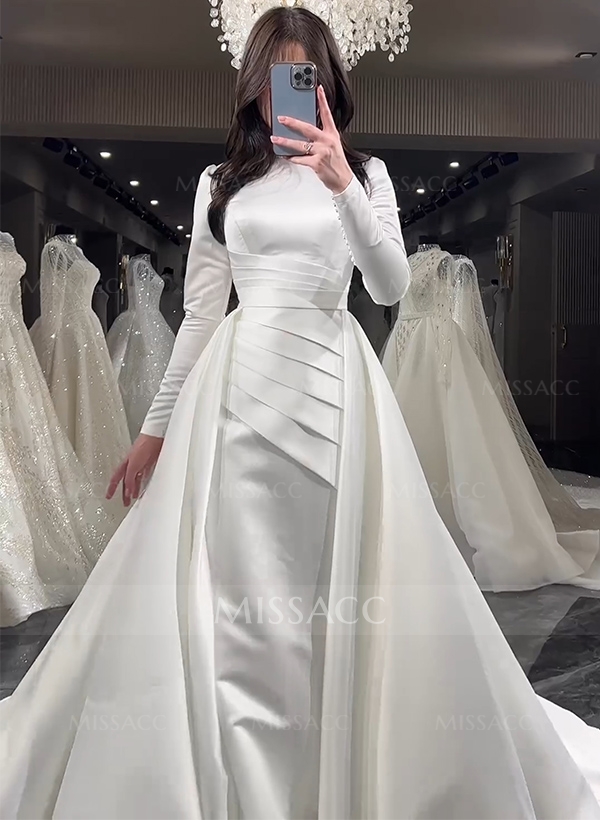 Long Sleeves Sweep Train Satin Wedding Dresses