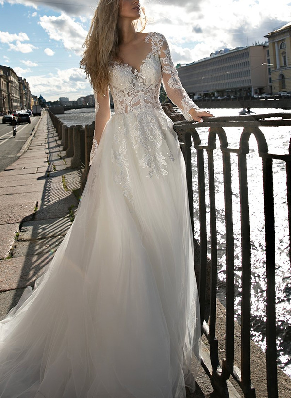 A-Line Illusion Neck Long Sleeves Sweep Train Lace/Tulle Wedding Dresses