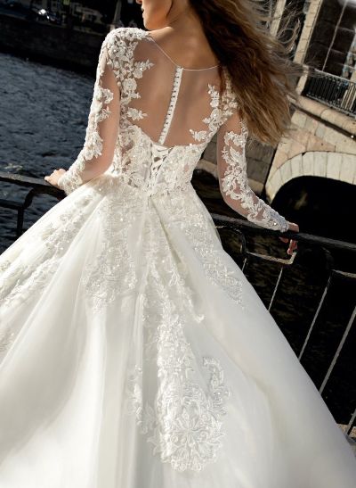 A-Line Illusion Neck Long Sleeves Sweep Train Lace/Tulle Wedding Dresses
