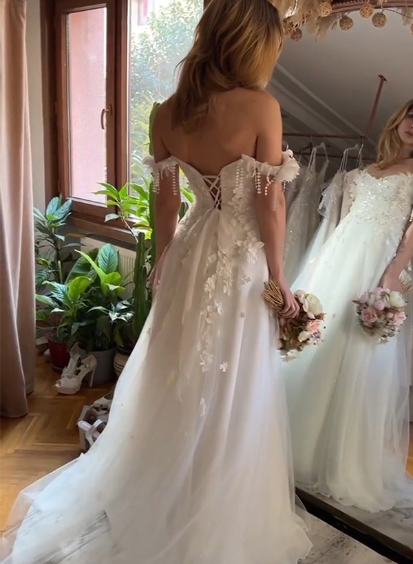 A-Line Off-The-Shoulder Sleeveless Sweep Train Wedding Dresses