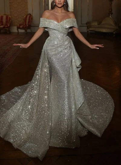 Off-The-Shoulder Sleeveless Court Train Sequined Wedding Dresses