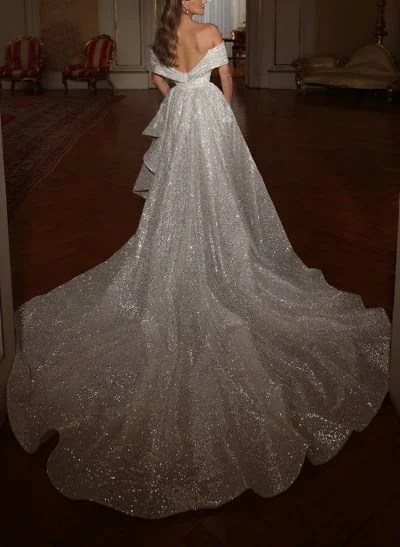 Off-The-Shoulder Sleeveless Court Train Sequined Wedding Dresses
