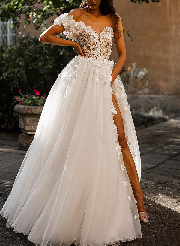 Ball-Gown One-Shoulder Sleeveless Tulle Wedding Dresses With Flower(s)