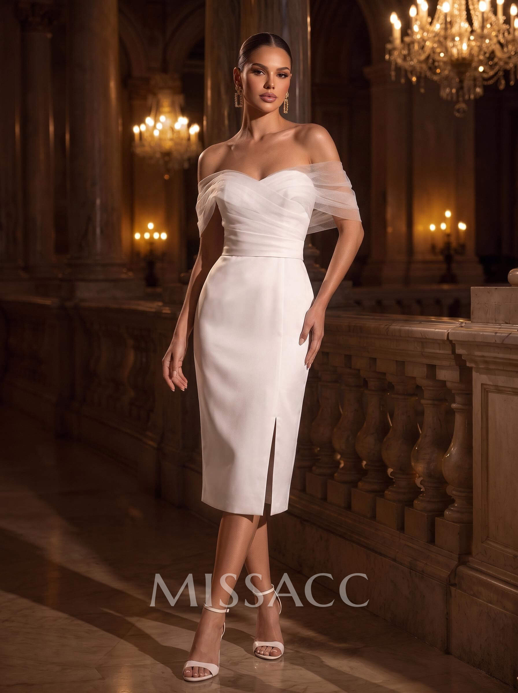 Sheath/Column Off-The-Shoulder Sleeveless Tea-Length Wedding Dresses