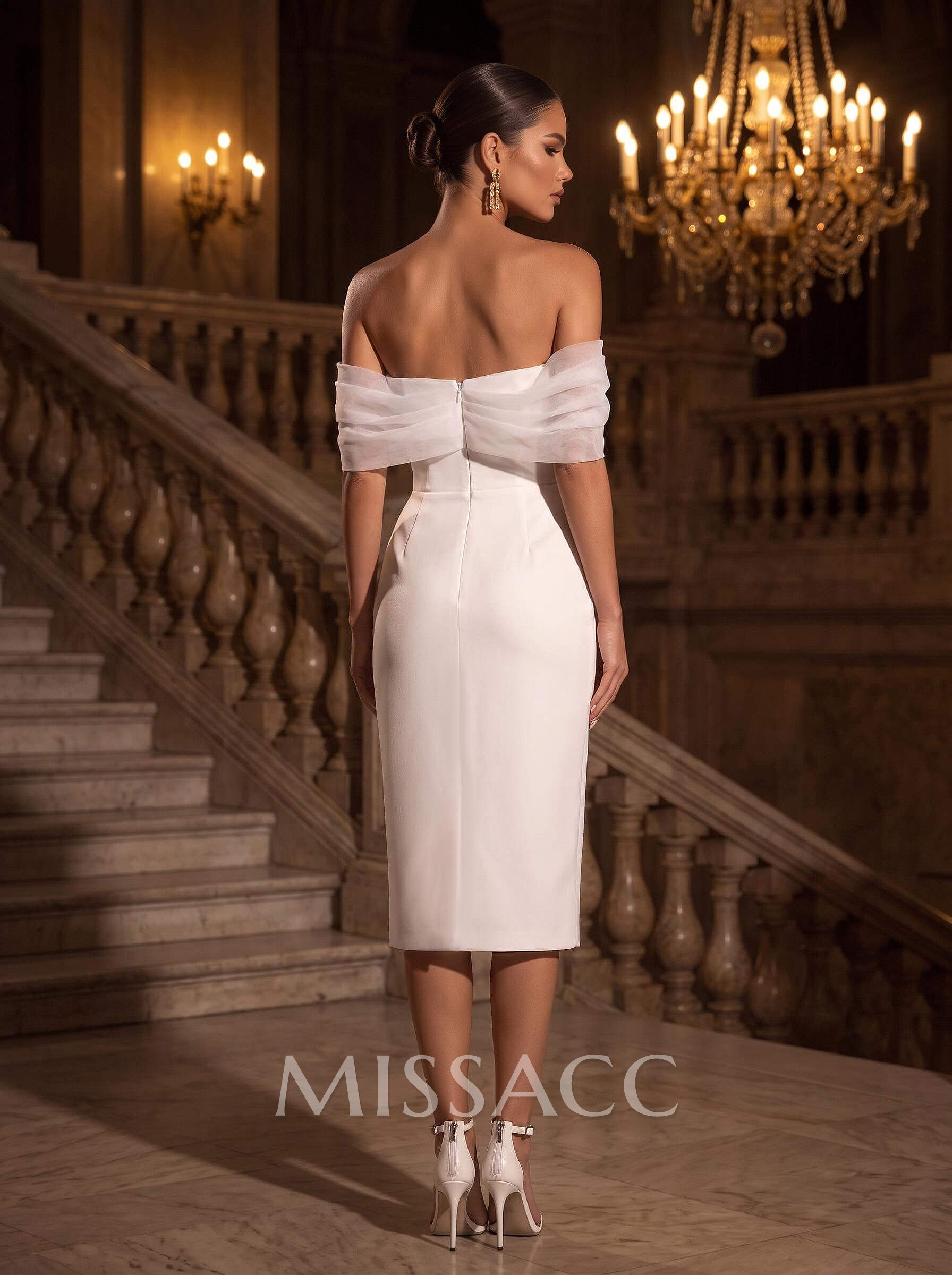 Sheath/Column Off-The-Shoulder Sleeveless Tea-Length Wedding Dresses