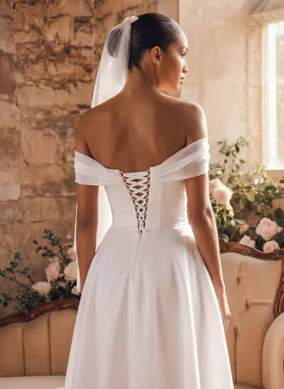 A-Line Off-The-Shoulder Sleeveless Tea-Length Organza Wedding Dresses