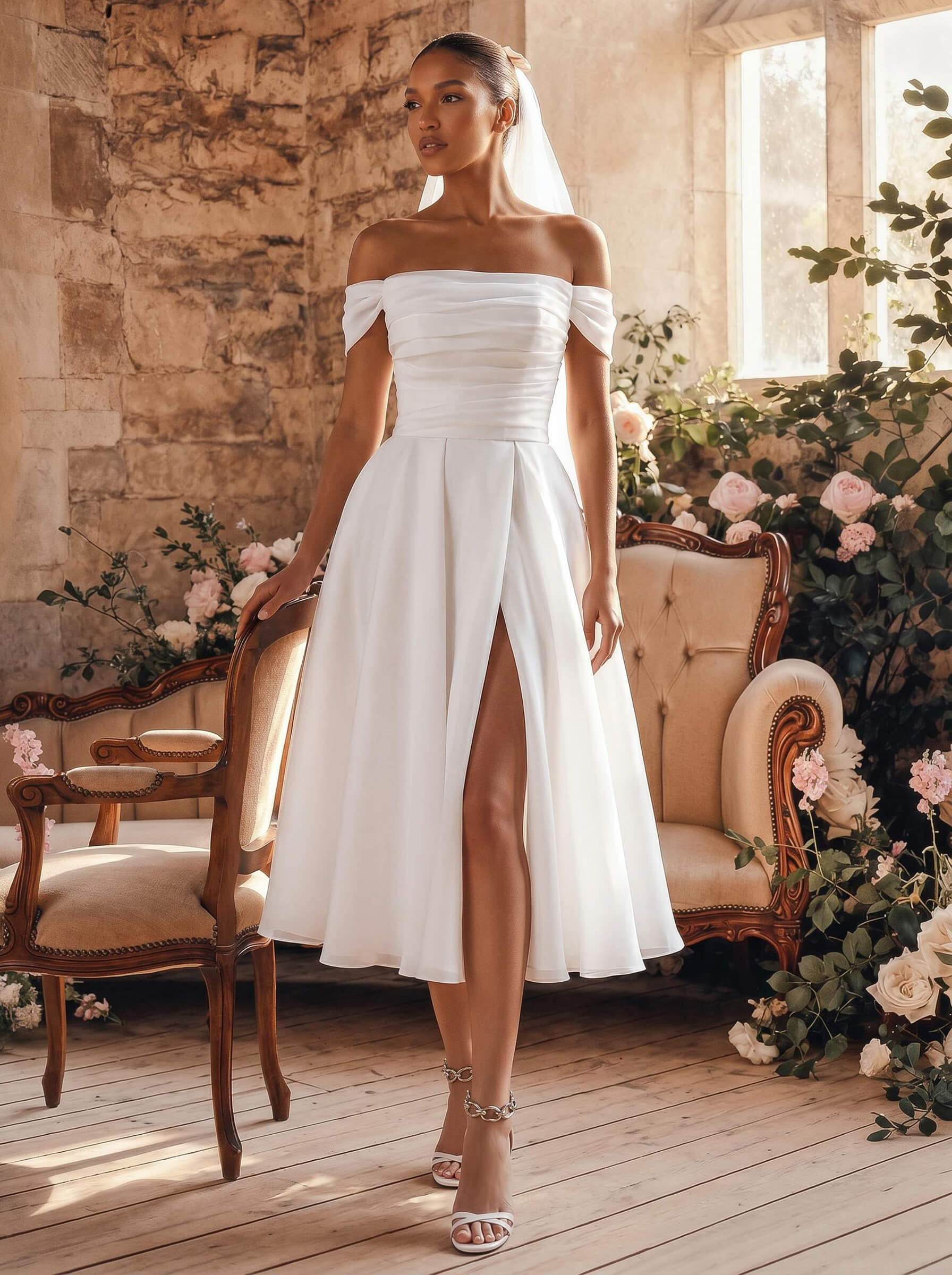 A-Line Off-The-Shoulder Sleeveless Tea-Length Organza Wedding Dresses