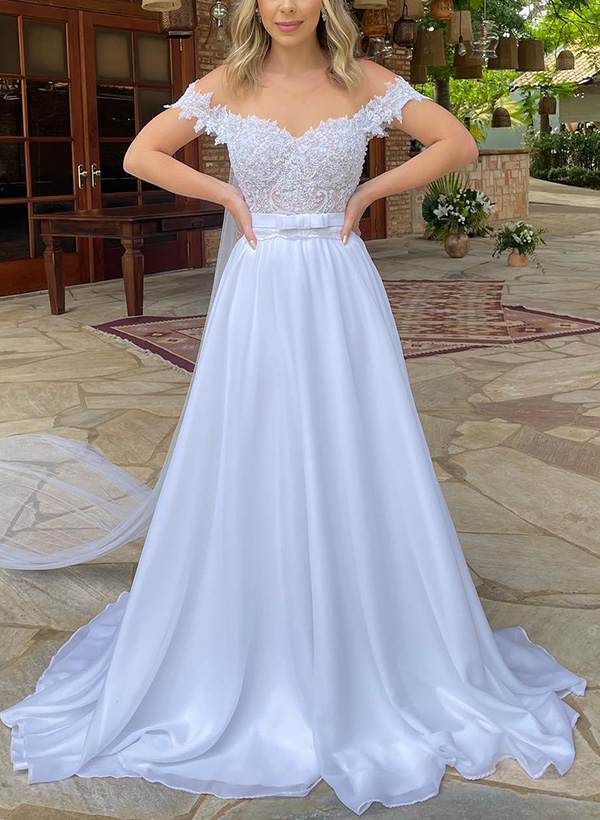 A-Line Off-The-Shoulder Sleeveless Sweep Train Lace Wedding Dresses