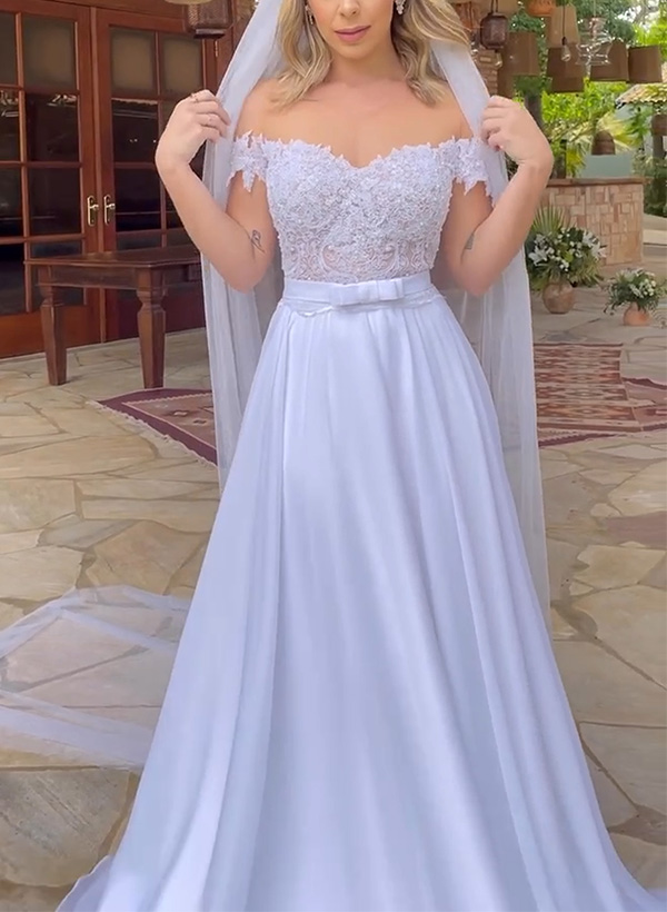 A-Line Off-The-Shoulder Sleeveless Sweep Train Lace Wedding Dresses