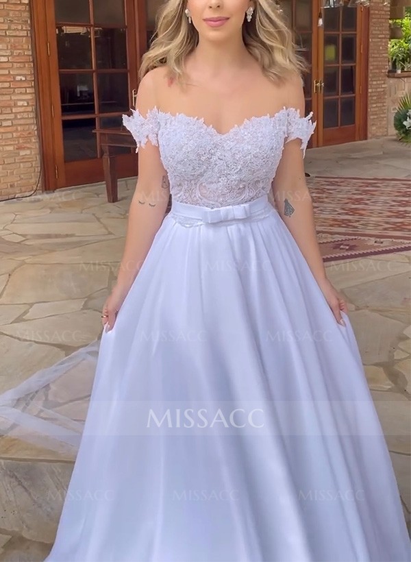 A-Line Off-The-Shoulder Sleeveless Sweep Train Lace Wedding Dresses
