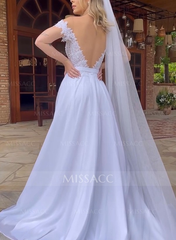 A-Line Off-The-Shoulder Sleeveless Sweep Train Lace Wedding Dresses