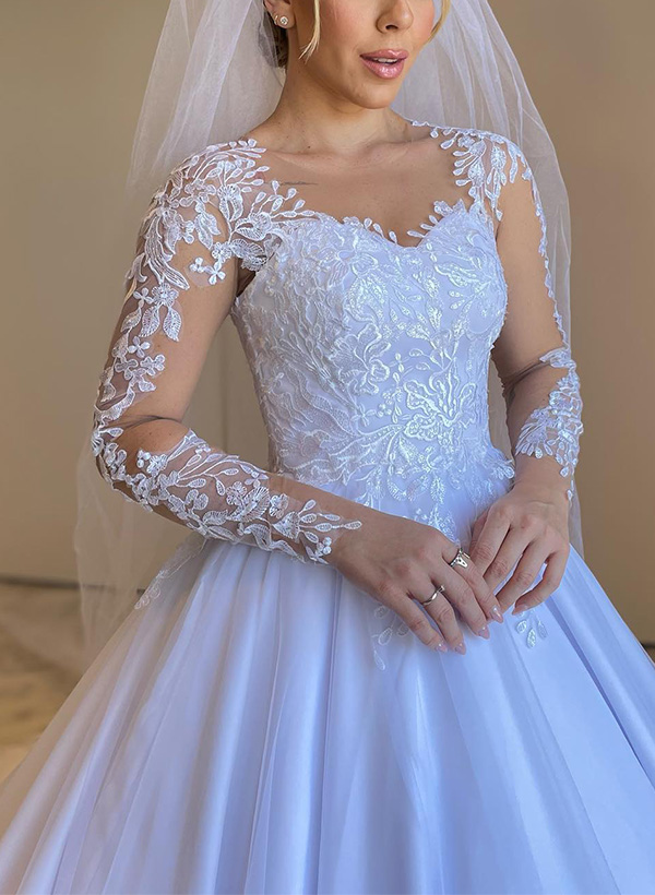 Ball-Gown Illusion Neck Long Sleeves Sweep Train Wedding Dresses