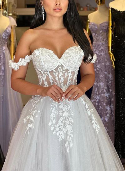 A-Line Off-The-Shoulder Sleeveless Sweep Train Lace Prom Dresses