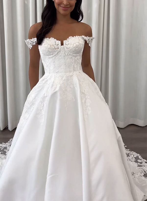 A-Line Off-The-Shoulder Sleeveless Court Train Lace/Satin Wedding Dresses