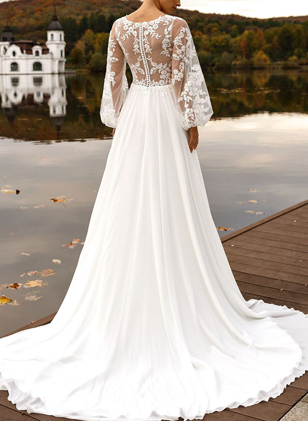 A-Line V-Neck Long Sleeves Wedding Dresses With Appliques Lace