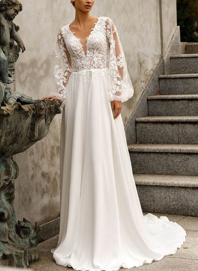 A-Line V-Neck Long Sleeves Wedding Dresses With Appliques Lace