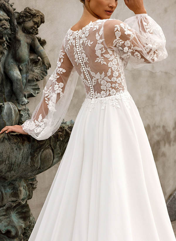 A-Line V-Neck Long Sleeves Wedding Dresses With Appliques Lace