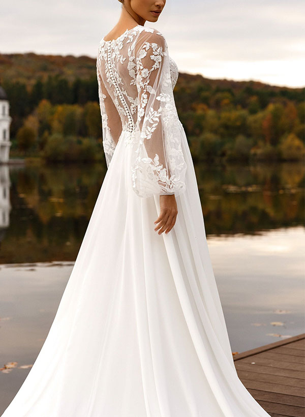 A-Line V-Neck Long Sleeves Wedding Dresses With Appliques Lace