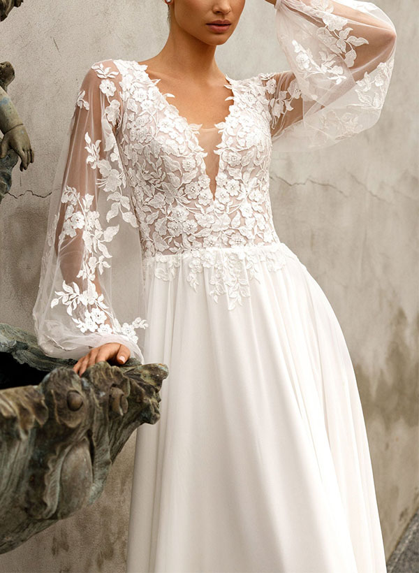 A-Line V-Neck Long Sleeves Wedding Dresses With Appliques Lace