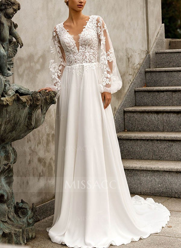 A-Line V-Neck Long Sleeves Wedding Dresses With Appliques Lace