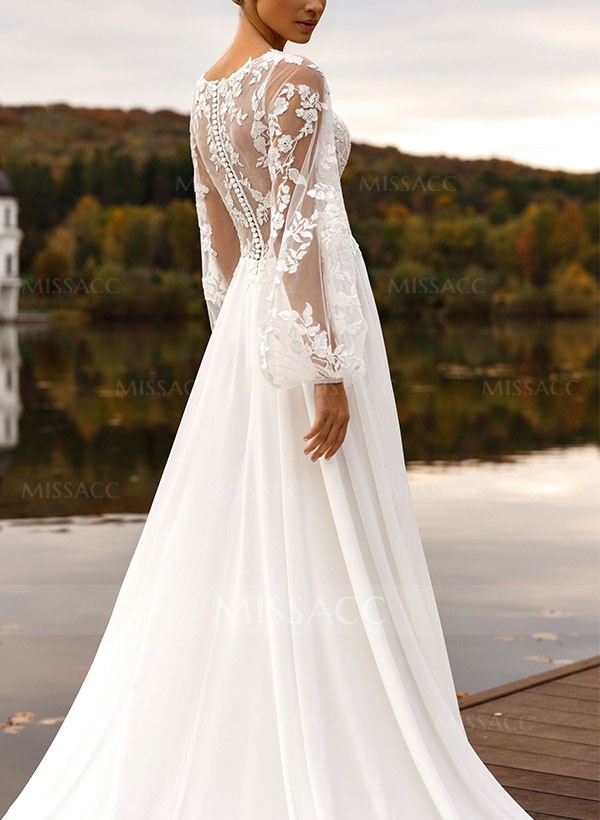 A-Line V-Neck Long Sleeves Wedding Dresses With Appliques Lace