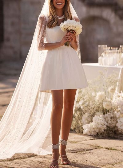 A-Line Square Neckline Sleeveless Short/Mini Satin Wedding Dresses