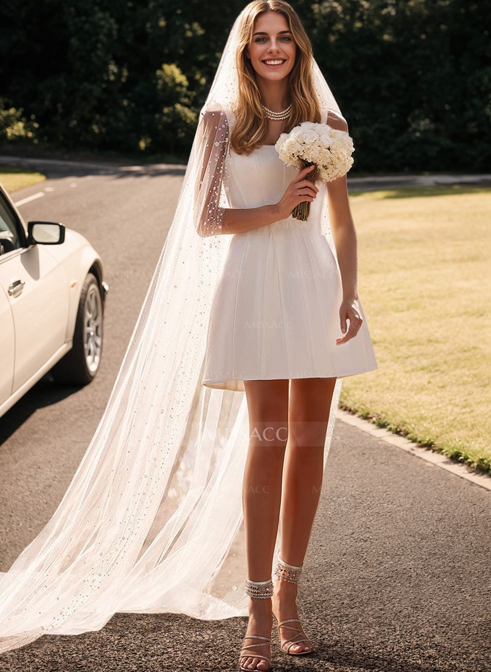 A-Line Square Neckline Sleeveless Short/Mini Satin Wedding Dresses