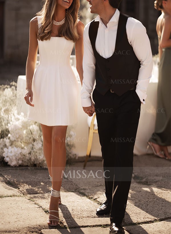 A-Line Square Neckline Sleeveless Short/Mini Satin Wedding Dresses