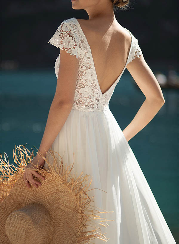 A-Line V-Neck Short Sleeves Tulle Wedding Dresses With Split Front