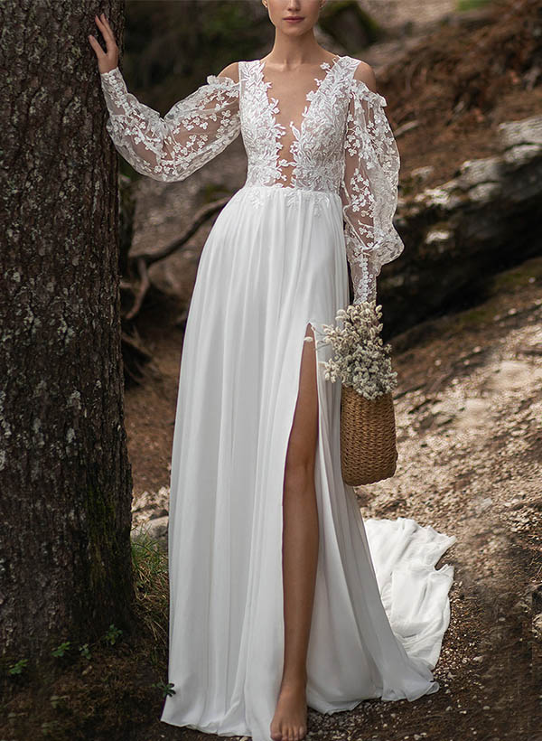 A-Line V-Neck Long Sleeves Tulle Wedding Dresses With Split Front