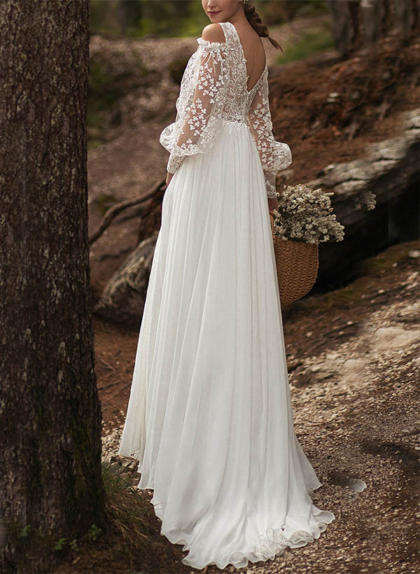 A-Line V-Neck Long Sleeves Tulle Wedding Dresses With Split Front