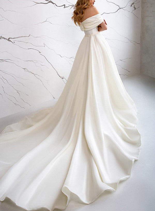 A-Line Off-The-Shoulder Sleeveless Satin Wedding Dresses With Split Front