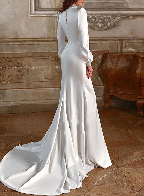 Sheath/Column Long Sleeves Silk Like Satin Wedding Dresses With Split Front