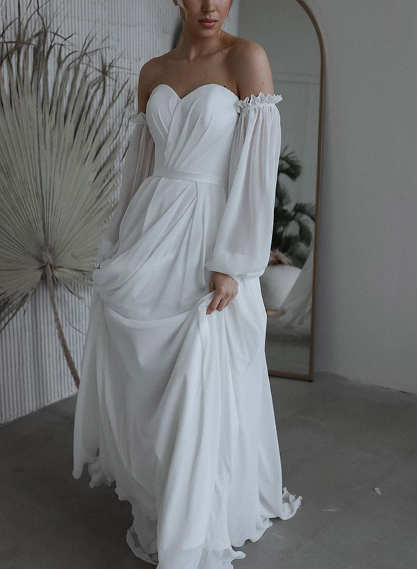 A-Line Off-The-Shoulder Long Sleeves Floor-Length Tulle Wedding Dresses