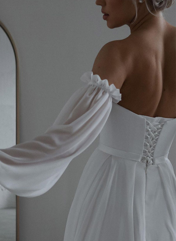 A-Line Off-The-Shoulder Long Sleeves Floor-Length Tulle Wedding Dresses