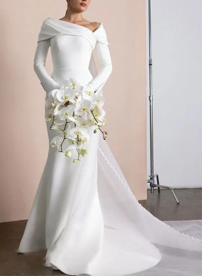 Sheath/Column Asymmetrical Long Sleeves Matte Satin Wedding Dresses